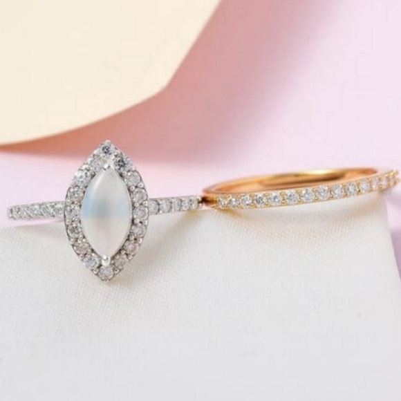 NEW Australian Opal & Moissanite Set of 2 Rings in Platinum & Vermeil YG - Picture 9 of 16